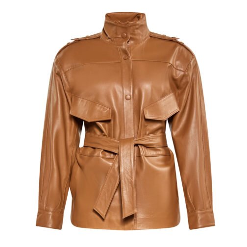 Women’s Red Long Belted Leather Jacket - Image 2