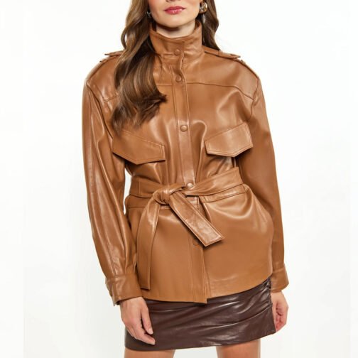 Women’s Red Long Belted Leather Jacket - Image 12