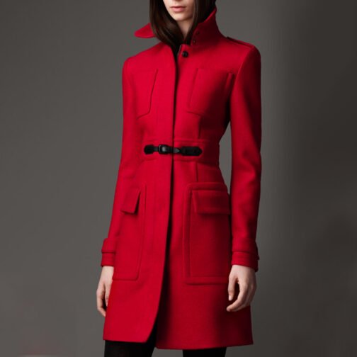 Women’s Military Buckle Detail Red Wool Coat