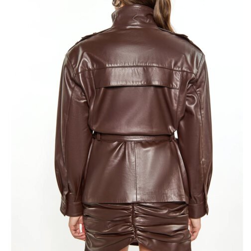 Women’s Red Long Belted Leather Jacket - Image 9