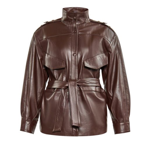 Women’s Red Long Belted Leather Jacket - Image 4
