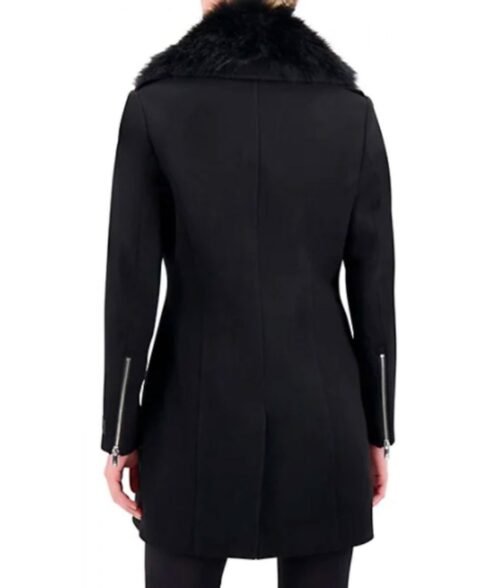 Women’s Faux Fur Trim Black Wool Peacoat - Image 3