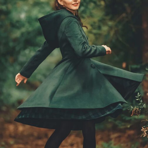 Women’s Forest Green Swing Hooded Wool Coat - Image 3