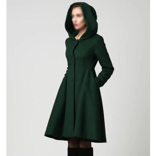 Women’s Forest Green Swing Hooded Wool Coat