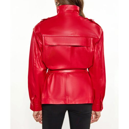 Women’s Red Long Belted Leather Jacket - Image 6