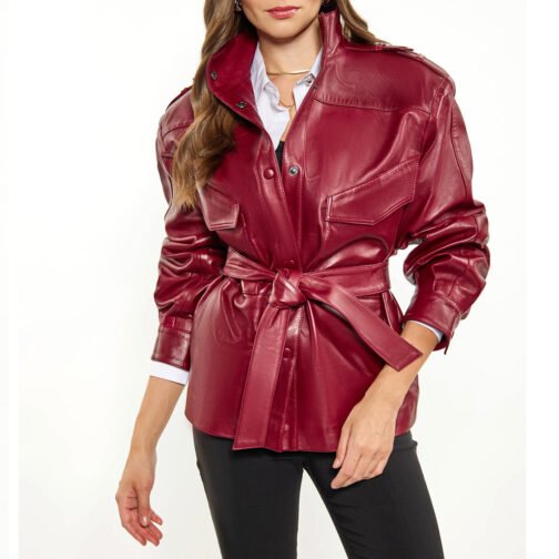 Women’s Red Long Belted Leather Jacket - Image 17