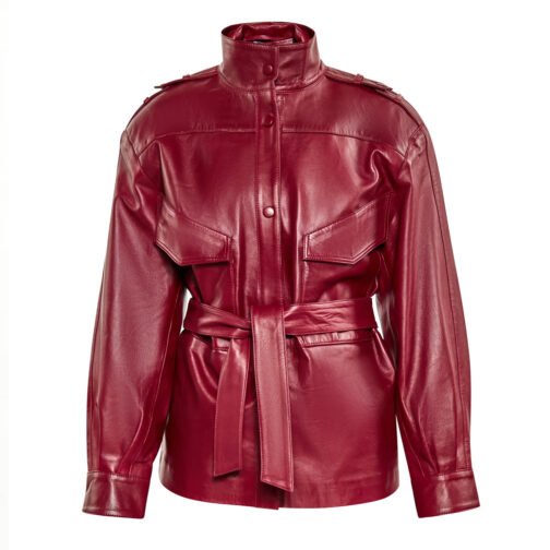 Women’s Red Long Belted Leather Jacket - Image 3