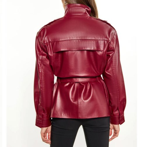 Women’s Red Long Belted Leather Jacket - Image 8