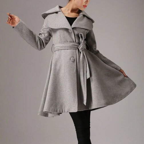 Women’s Mid-Length Gray Belted Wool Coat - Image 5