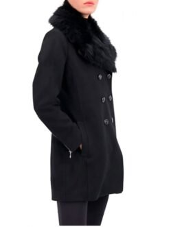 Women’s Faux Fur Trim Black Wool Peacoat