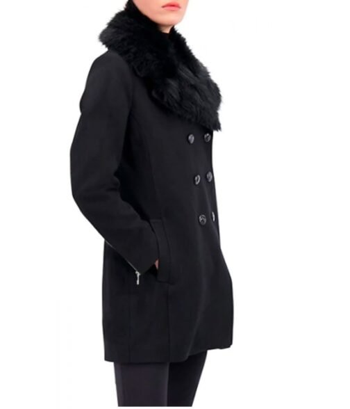 Women’s Faux Fur Trim Black Wool Peacoat - Image 2