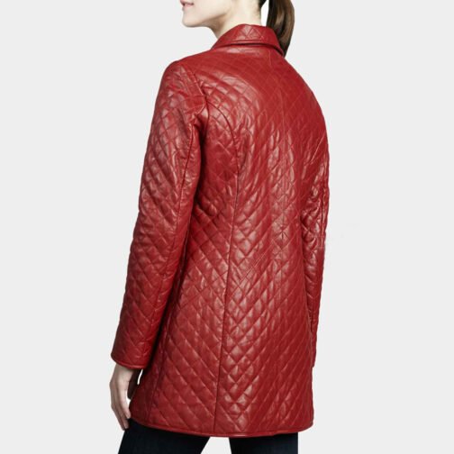 Women’s Quilted Red Mid Length Leather Coat - Image 2