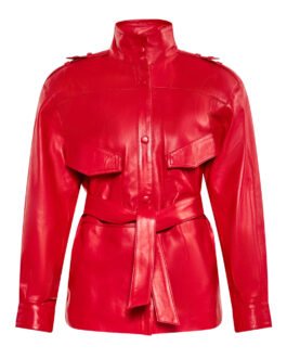 Women’s Red Long Belted Leather Jacket