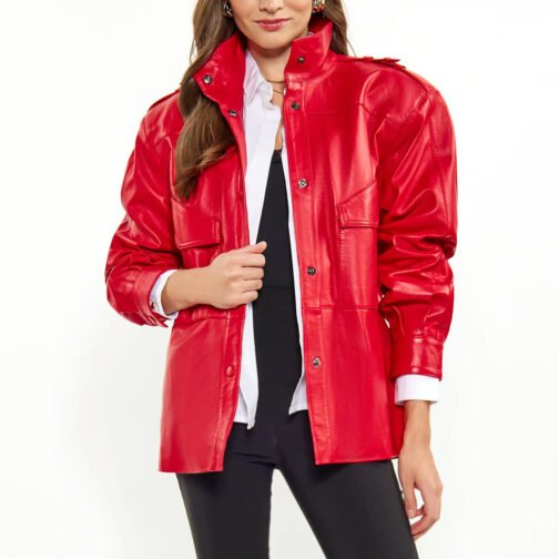 Women’s Red Long Belted Leather Jacket - Image 19