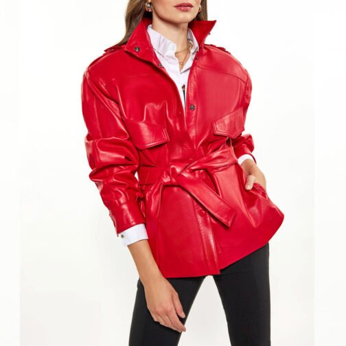 Women’s Red Long Belted Leather Jacket - Image 11