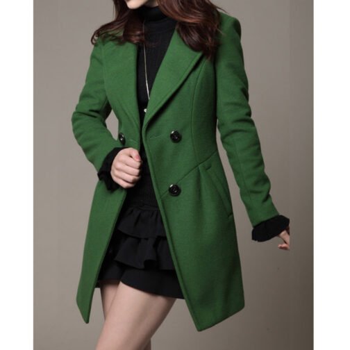 Women’s Slim Double Breasted Green Wool Coat - Image 2