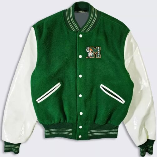 70?s Miami Hurricanes Green and White Varsity Jacket - Image 2