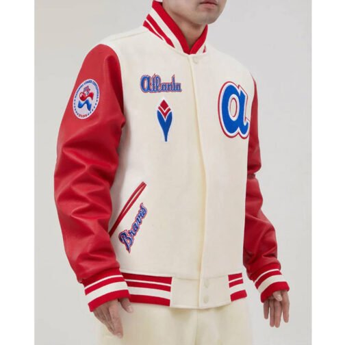 Atlanta Braves Mash Up Varsity Off White and Red Jacket - Image 3