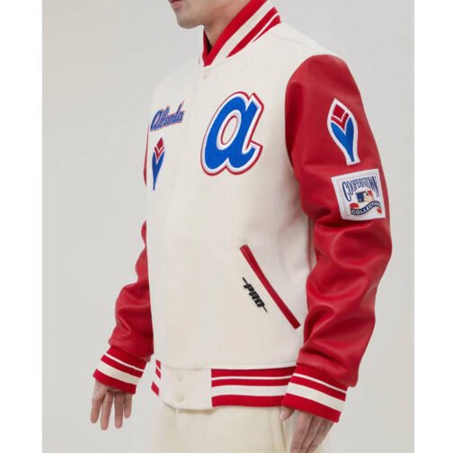 Atlanta Braves Mash Up Varsity Off White and Red Jacket - Image 4