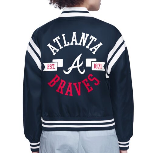 Atlanta Braves Printed Logo Navy Varsity Satin Jacket - Image 3