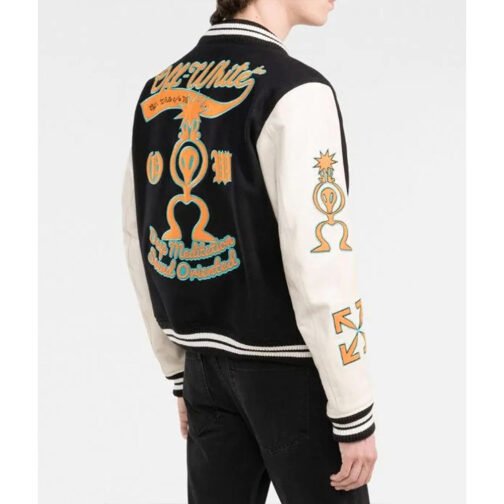 Black and Orange Off White Graphics Varsity Jacket - Image 8