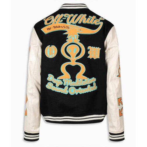 Black and Orange Off White Graphics Varsity Jacket - Image 2