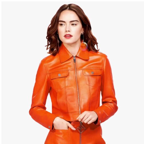 Daisy Ridley Hot Orange Leather Jacket - Image 4