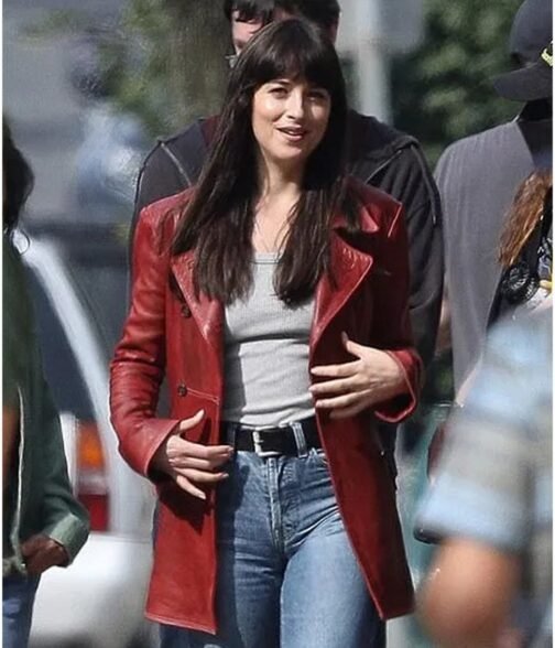 Dakota Johnson Madame Web Maroon Leather Peacoat - Image 6