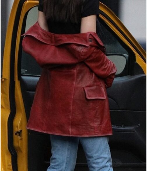Dakota Johnson Madame Web Maroon Leather Peacoat - Image 7