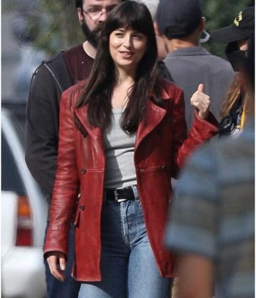 Dakota Johnson Madame Web Maroon Leather Peacoat - Image 5