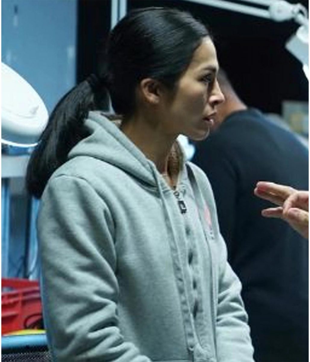 Elodie Yung The Cleaning Lady Season 2 Gray Hoodie - Image 3