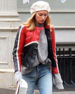 Elsa Hosk Red and Black Biker Leather Jacket
