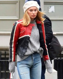 Elsa Hosk Red and Black Biker Leather Jacket