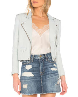 Emily in Paris Lily Collins Light Blue Leather Jacket