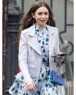 Emily in Paris Lily Collins Light Blue Leather Jacket