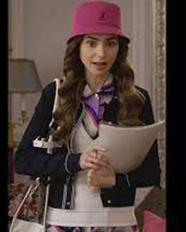 Lily Collins Emily In Paris Season 02 Piped Navy Blue Wool Jacket