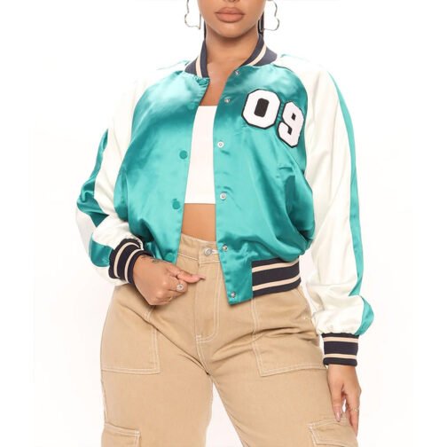 Women’s Fuchsia and White Varsity Satin Jacket - Image 30