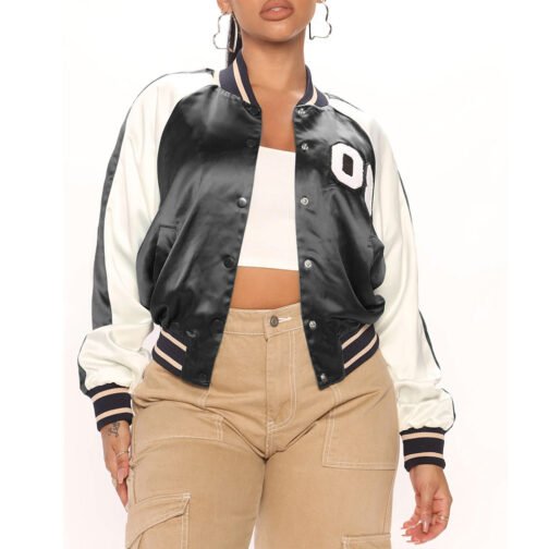 Women’s Fuchsia and White Varsity Satin Jacket - Image 32