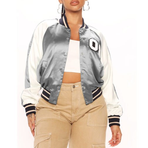 Women’s Fuchsia and White Varsity Satin Jacket - Image 42