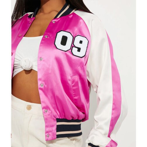 Women’s Fuchsia and White Varsity Satin Jacket - Image 48