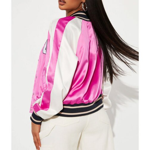 Women’s Fuchsia and White Varsity Satin Jacket - Image 49
