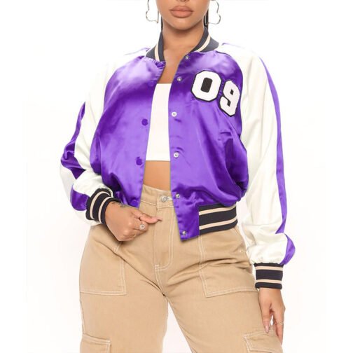 Women’s Fuchsia and White Varsity Satin Jacket - Image 51