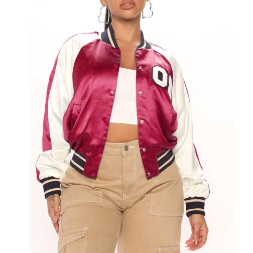 Women’s Fuchsia and White Varsity Satin Jacket - Image 52