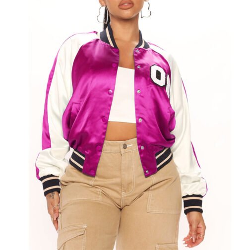 Women’s Fuchsia and White Varsity Satin Jacket - Image 56