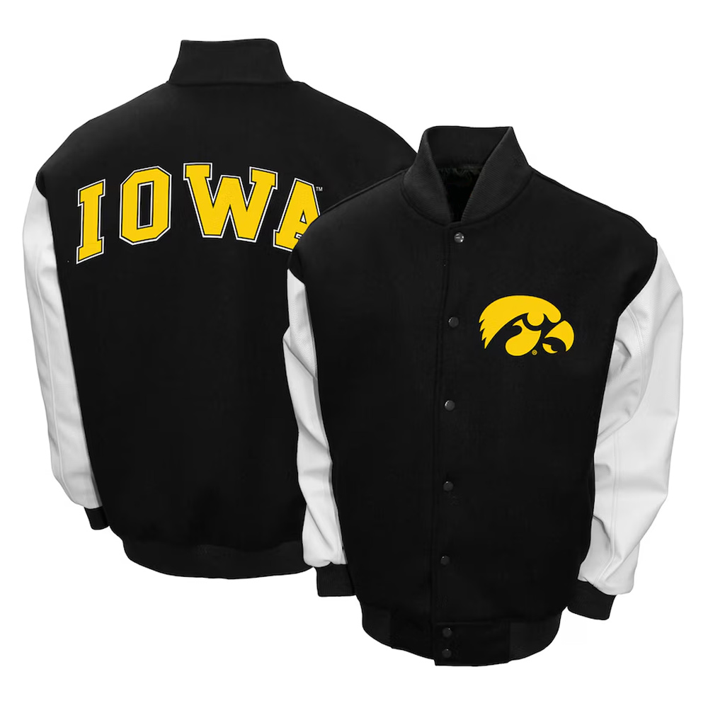 Iowa Hawkeyes Black and White Varsity Wool/Leather Jacket - Image 3