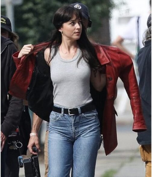 Dakota Johnson Madame Web Maroon Leather Peacoat - Image 8
