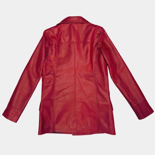 Dakota Johnson Madame Web Maroon Leather Peacoat - Image 4