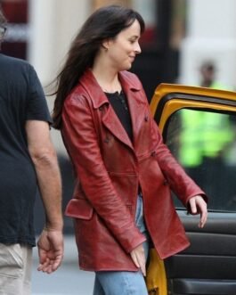 Dakota Johnson Madame Web Maroon Leather Peacoat
