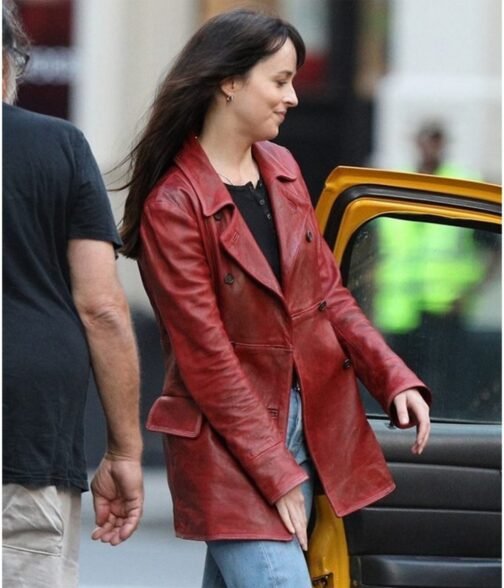 Dakota Johnson Madame Web Maroon Leather Peacoat - Image 2