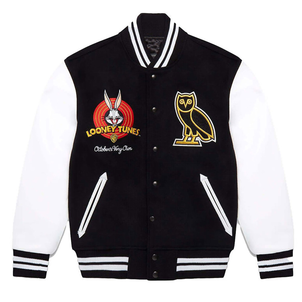 OVO Looney Tunes Varsity Jacket | Black and White Wool & Leather